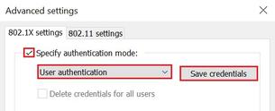 Specify authentication mode, user authentication, save credentials