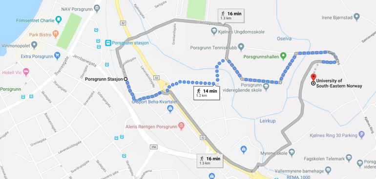 walking route from the train station to campus Porsgrunn