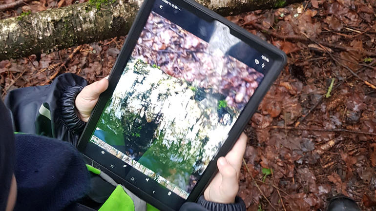 Barnehagebarn på tur i skogen med iPad
