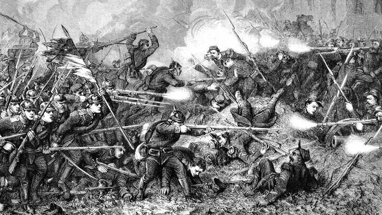illustrasjon av en kampsituasjon under første verdenskrig.