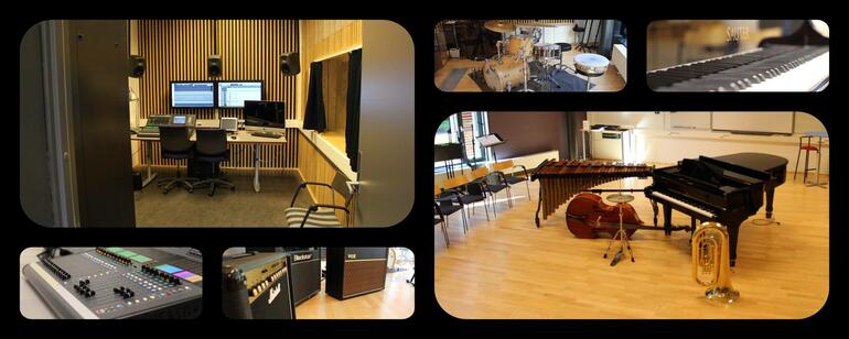 Collage med utstyr fra musikkrom og lydstudio ved campus Vestfold