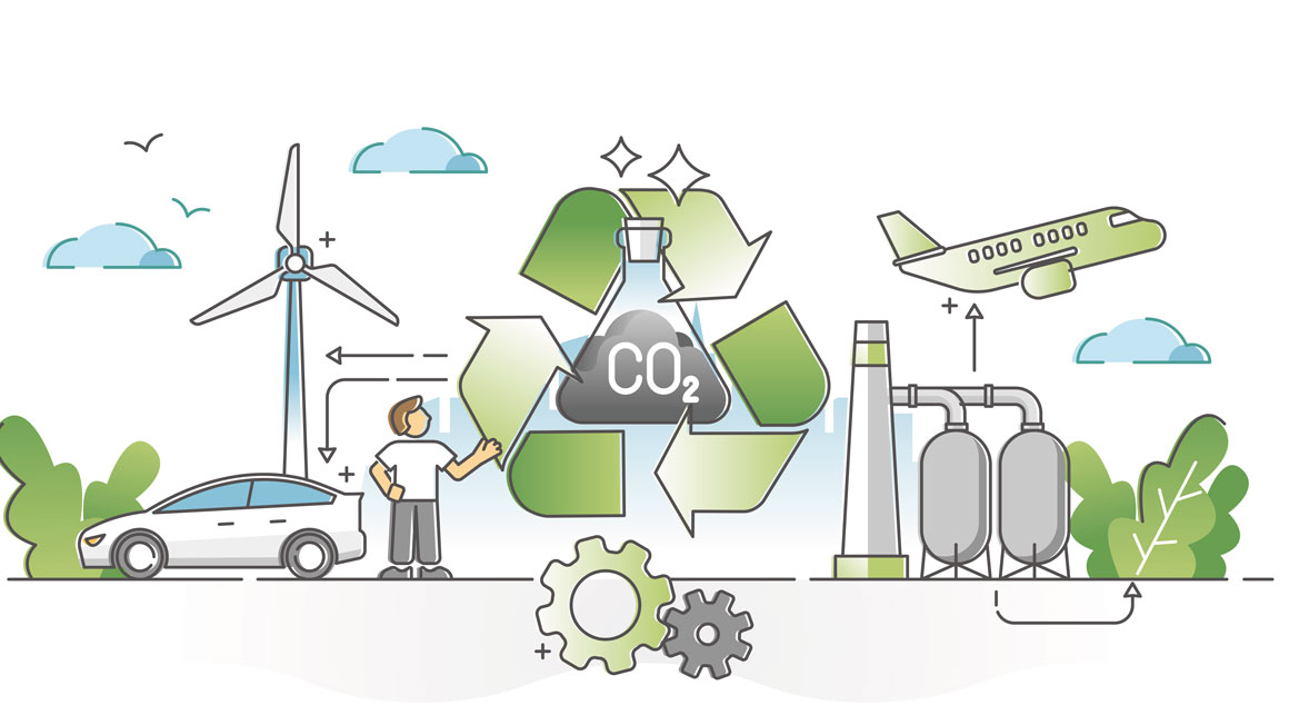Illustrasjon grønn tegning som viser gjenbruk av CO2