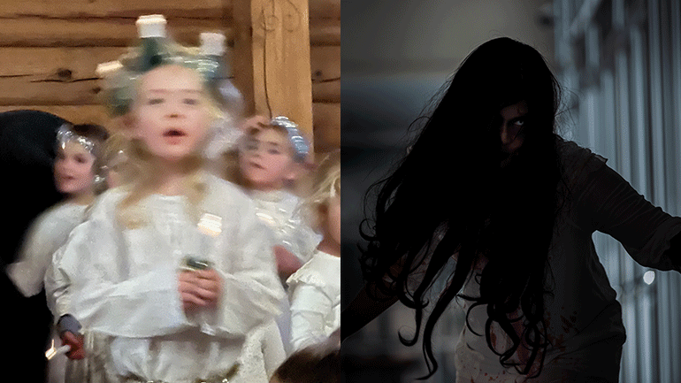 to bilder der ett viser barn i i Lucia-tog og ett viser en skremmende kvinnelig figur med mørkt hår 