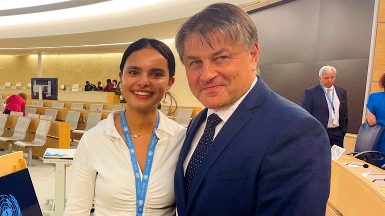 Cherine Randi Sellami og presidenten for FNs råd for menneskerettar, H.E. Václav Bálek. Foto