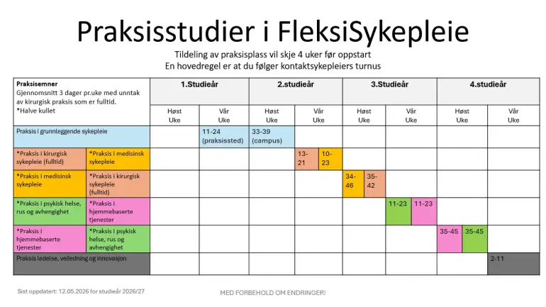 Oversikt over praksisstudier for FleksiSykepleie