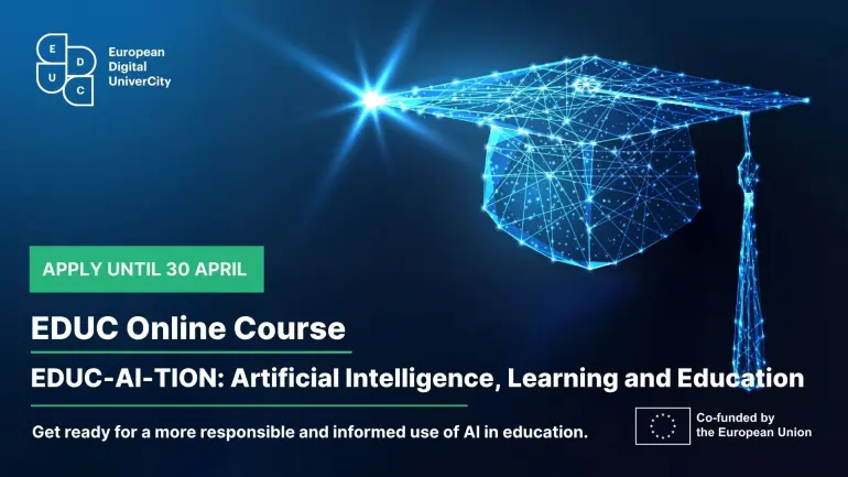 Digital version of a student cap + text about the EDUC Online Course called EDUC-AI-TION + EDUC and Funded by EU logo