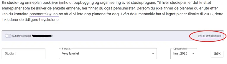 Knapp for å bytte til emneplanssøk