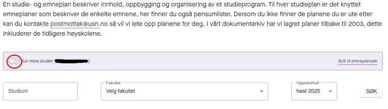 Knapp for å se "Kun mine studier"