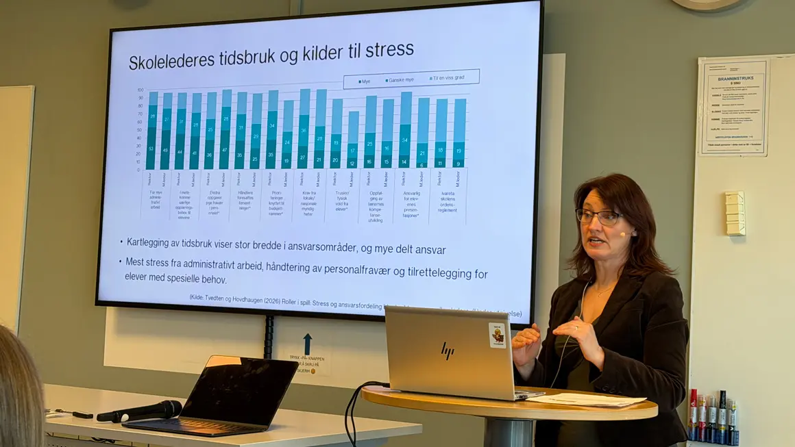 dame presenterer foran skjerm som viser søyler med statistikk over stressmomenter for lærere