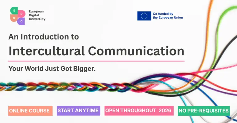 foto viser et fargerikt flettverk av tråder. EDUC + Co-funded by EU logo