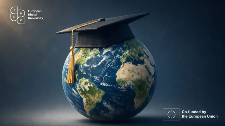 Ki-generert illustrasjon av en jordklode med en studenthatt + EDUC og Co-funded by EU logo
