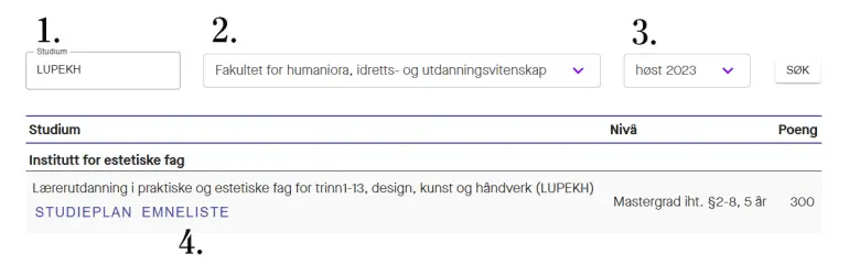 Forklaring på studei- og emneplansøk