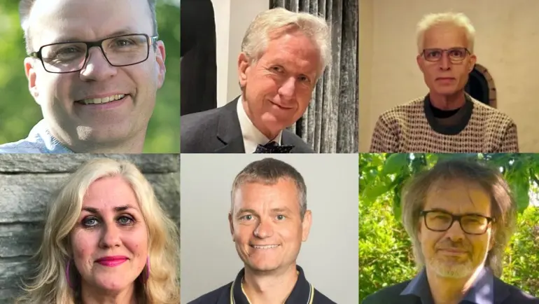 De seks meritterte underviserne: Dag Andreas Hals Samuelsen (øverst fra venstre), Pål Runsjø, Ronny Johansen, Inger Kjersti Lindvig (nederst fra venstre), Karl Thomas Hjelmervik ogSteinar Øvreås.