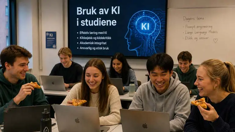 Studenter som tar kurs i KI og spiser Pizza