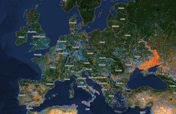 Kart viser wildfires and warfires i løpet av de siste 30 dager (2026-08-21) Kilde: https://forest-fire.emergency.copernicus.eu/apps/effis.csv/