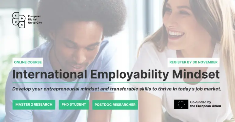 foto av unge voksne som samarbeider med en overliggende tekst: International Employbaility Mindset + EDUC- og Co-funded by EU-logo 